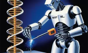 A robot welding a DNA double helix