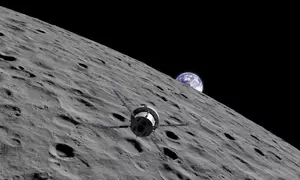 Illustration shows a spacecraft orbiting the Moon with the Earth visible in the background over the lunar horizon.