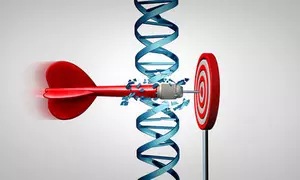 A dart moving through a strand of DNA hitting a target in the bullseye