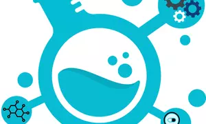 Graphic representing a round bottome flask filled with blue liquid, and a chemical structure, magnifying glass, and gears radiating off the flask.
