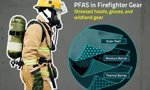 Left side is a photo of a firefighter dressed in full equipment, including heavy clothing, a helmet and a breathing mask. Right side is a diagram showing the three layers typically found in firefighter gear: outer shell, moisture barrier and thermal barrier.