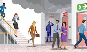 An illustration depicting office workers in a stairwell trying to take a safe exit, shown in green, during a fire emergency.