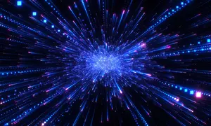 Lines of tiny bright squares shoot out from a central point on a black background.