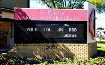 SPUMC's sign in front of church that displays the message: YOLO  LOL  JK  BRB  - Jesus