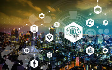 graphic showing a cityscape with various icons representing how AI will affect power generation, health, manufacturing, transportation etc.