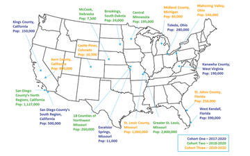 US map showing all 18 communities from 2017-2020.