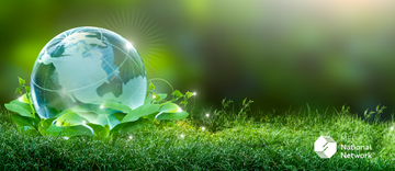 Earth sitting in green leaves on the grass as a renewable energy concept