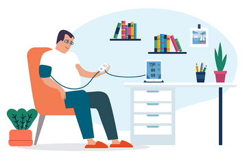 patient in a comfy chair having his blood pressure taken. The blood pressure cuff is attached to a tablet. 