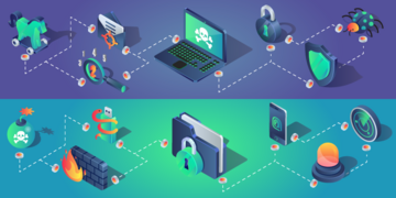 Illustration shows cybersecurity images like laptops and padlocks arranged in a network. 