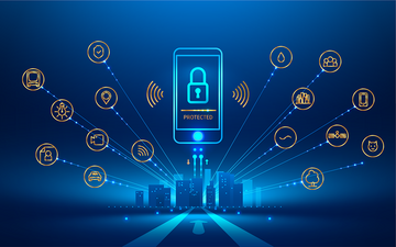 cityscape with icons representing various IOT technologies