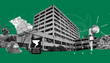 A collage of a hospital, wreckage, maps and other items on green background.