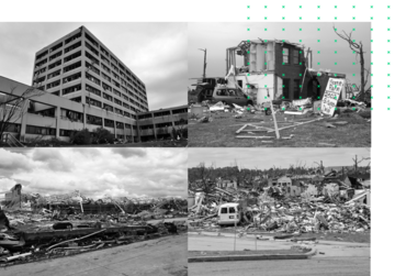 A composite photo of four destroyed buildings. 
