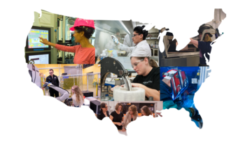 Map of U.S. is made up of photos of people working in labs, offices, etc. 