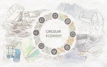 Circular economy illustration has a circle with images of a dump, a scientist, a sea turtle, a water bottle. 