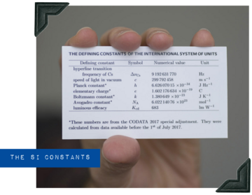 A hand holds a white reference card labeled "Defining Constants"; blue embossed label says "The SI Constants."