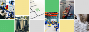 Collage of images: control panel; metal tank; image of cart on keypad; warehouse with tables; cargo ship; metal cannisters