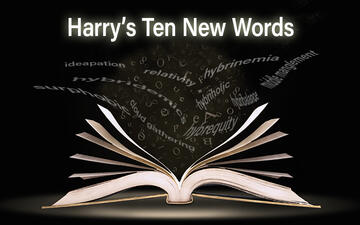 Harry's Ten New Words showing a dictionary with the words flowing into it.