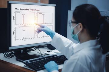 A researcher wearing a mask and gloves points at a computer screen showing graphs labeled "Mass Spectrometry Analysis Report."