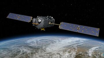 Illustration shows a satellite with solar panels off to each side floating in space above the Earth. 