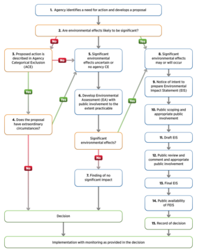 flowchart displaying the NEPA Process and the decision-making points where a yes or no response can route a user down a different path of steps