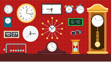 Illustration of various kinds of analog and digital clocks, some mounted on a red wall and others sitting on a brown surface beneath. 