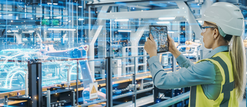 Female Automotive Engineer Using Augmented Reality Tablet Computer to Scan Automated Robot Arm Assembly Line Manufacturing Electric Vehicles