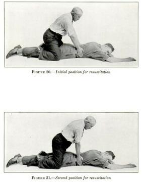 Two historical instructional photos show a man kneeling over another man who is face down and unconscious.