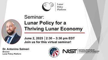 Event graphic with Lunar Policy Platform, OSC, and NIST logos, photo of speaker, and event name, date, and time details.