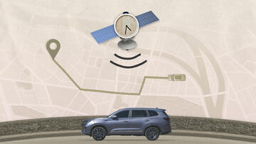 Illustration shows analog clock on a satellite hovering over a driving map and photo of SUV.