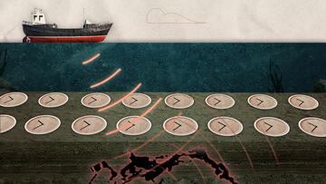 Illustration shows a ship sending some kind of sensing tech underwater, through a layer of clocks, and into a lower layer with mineral deposits.
