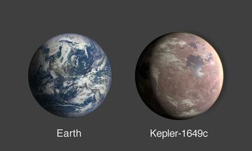 Graphic compares Earth, shown on the left, with the Earthlike Kepler1649c, which has features that look similar to Earth's land, water and clouds.