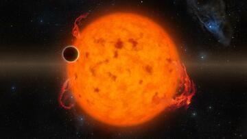 Artist's rendering shows dark exoplanet silhouetted in front of a large, fiery star.