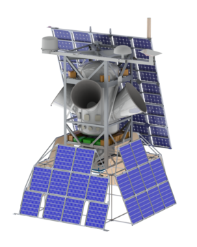 Illustration shows satellite structure with central cylinder surrounded by scaffolding holding solar panels.