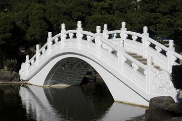 Chinese-style bridge going over a pond. The underside of the bridge shows rippling reflections. 