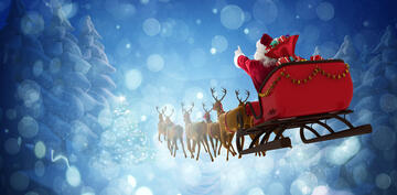 View from rear shows Santa's sleigh with reindeer flying through snowy trees.
