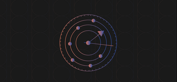 Diagram of an atom with circles inside circles also has the hour and minute hands of a clock.