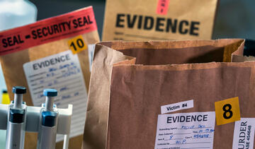 Paper evidence bags from a crime lab have labels like "Victim #4."