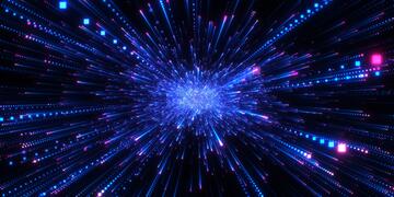Lines of tiny bright squares shoot out from a central point on a black background.