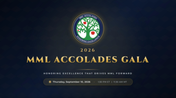 Web banner with formal gold and white lettering against a dark background, reading "2026 MML Accolades Gala", "Honoring Excellence That Drives MML Forward", with event details "Thursday September 10, 2026" "1:30 PM ET" "11:30 AM MT", and decorated with a circular emblem centered above the text. The emblem features an illustrated graphic of an apple tree with surrounding text "MML Accolades, Honoring Excellence". 