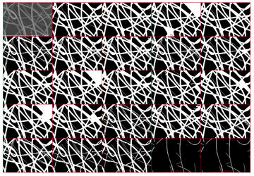 Micrograph image segmented into background and foreground by DiameterJ software. Original micrograph plus 24 segmentations used for image analysis. Details in image caption. 