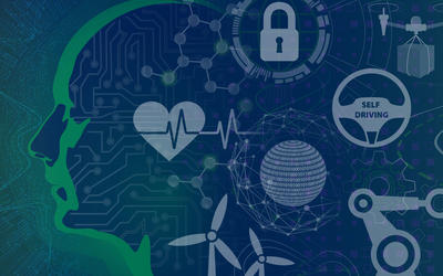Composite image representing artificial intelligence. Image of graphic human head with images representing healthcare, cybersecurity, transportation, energy, robotics, and manufacturing.