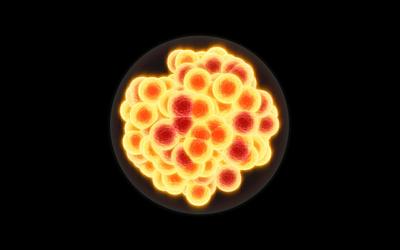 Roundish shape clear ball containing multiple round-ish shapes with red or orange centers