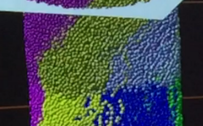 Snapshot from a simulation of the mortar SRM in a double-helix rheometer. The white plane shows the initial location of the top of the suspension before starting the rheometer.