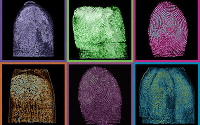 Grid showing six fingerprints in different false colors.