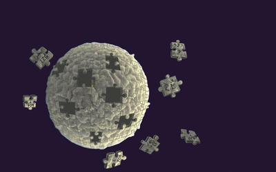 An illustration of a green sphere made of puzzle pieces against a dark background.