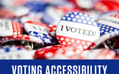 Photo shows "I Voted!" pins with banner on bottom saying "Voting Accessibility"