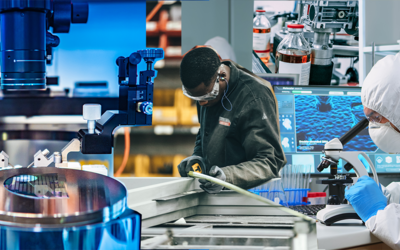 Collage of photos shows factory worker, medical equipment, person using microscope.