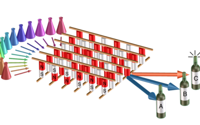 Illustration with colored cylindrical flasks on the left, arrays of bar magnets in the center, and bottles of wine on the right.