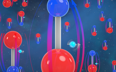 Illustrated molecules, represented by red spheres and blue spheres connected by a white cylinder, fill a dark blue field. Alongside the molecules are electrons, represented by light blue spheres with directional arrows pointing through them.