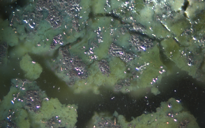 Close-up shows shiny metal patches with areas of green corrosion and open holes. 
